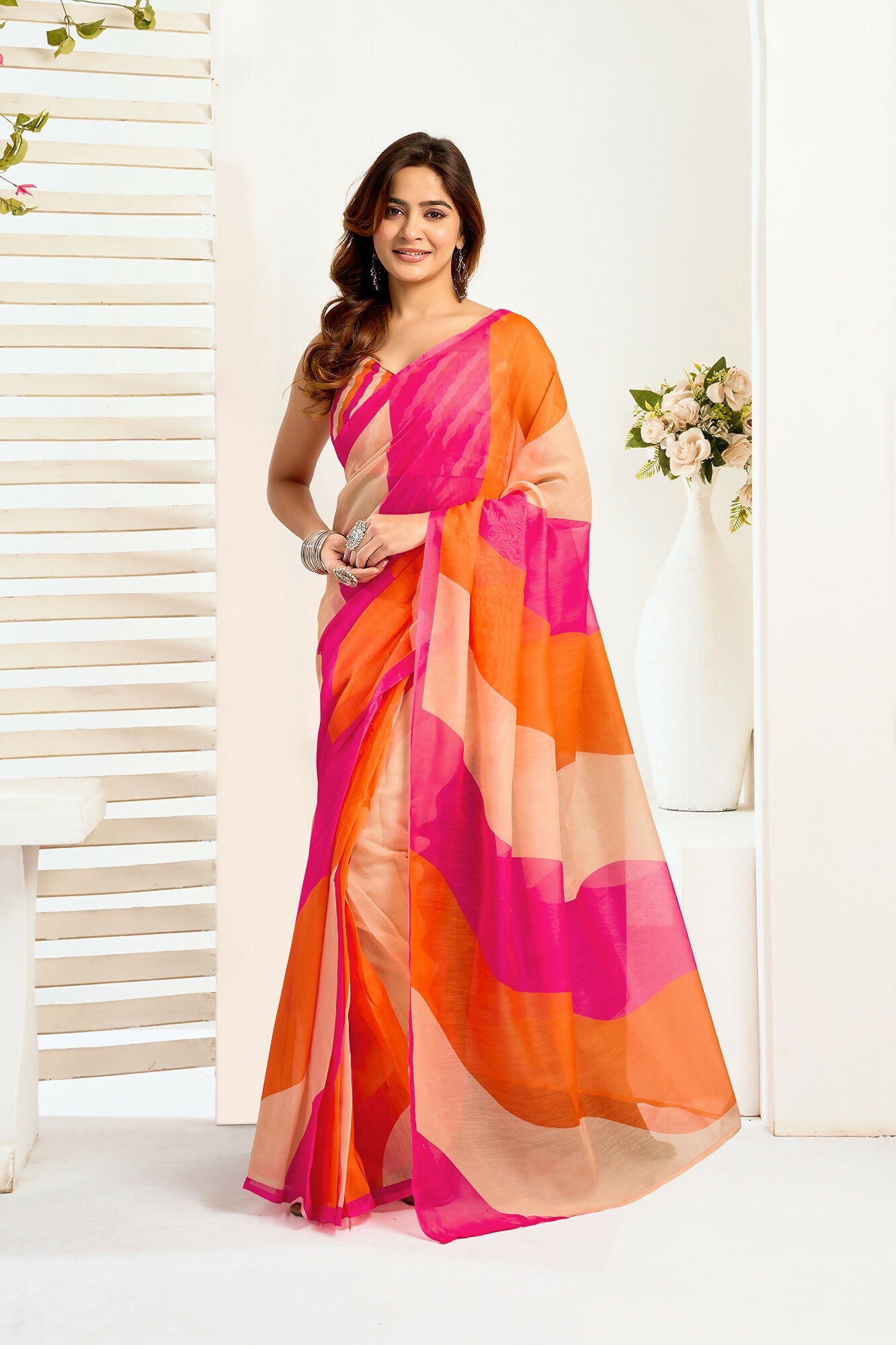 Vastranavya Multicolor Digital Printed Linen Ready To Wear Designer Saree with Unstitched Blouse