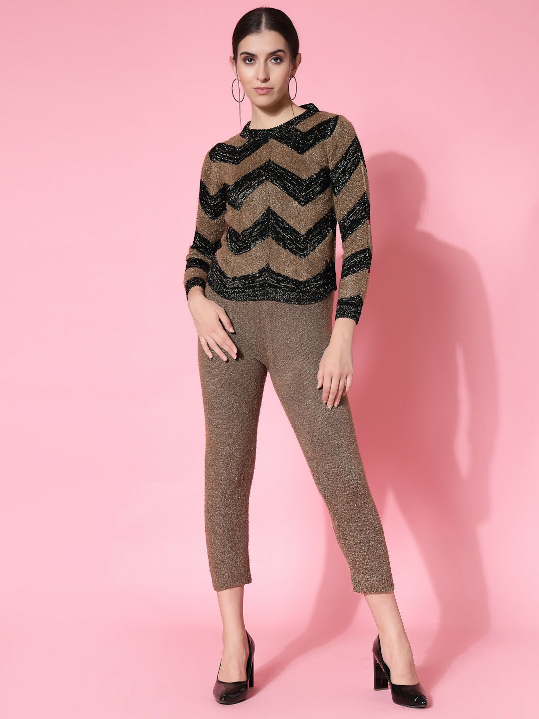 Women Black Acrylic Stripe & Solid Winter Co-Ord Set - Wool Trees
