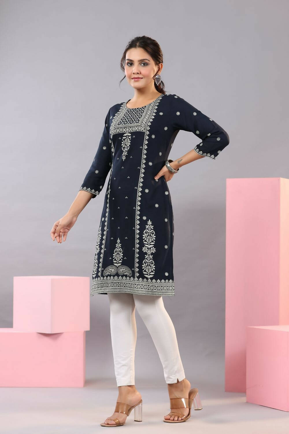 Juniper Women Navy Blue Rayon Printed Knee Length Straight Kurta