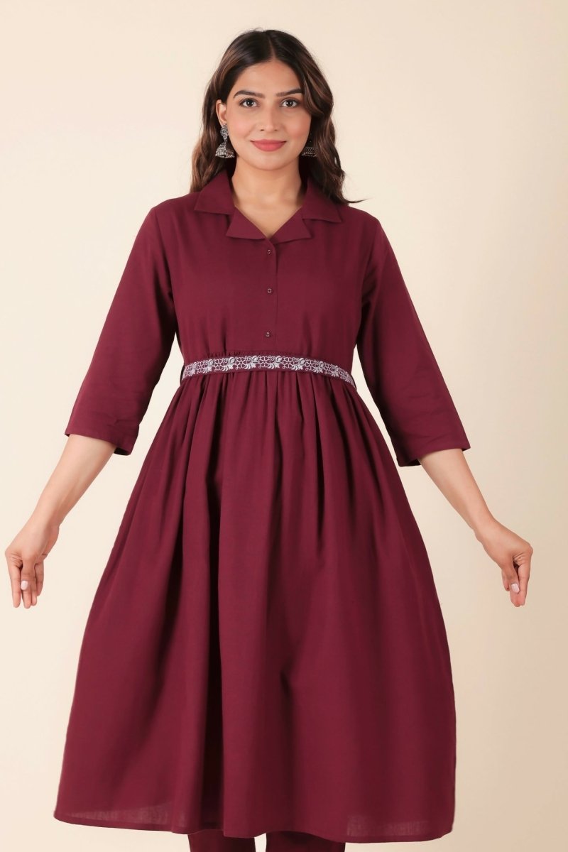 Aramya Maroon Linen Cotton Solid A-line Kurta for Women