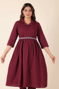 Aramya Maroon Linen Cotton Solid A-line Kurta for Women
