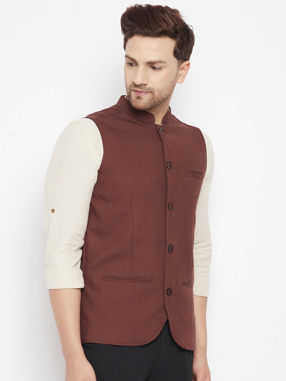 Even Apparels Maroon Merino Men Woven Nehru Jacket