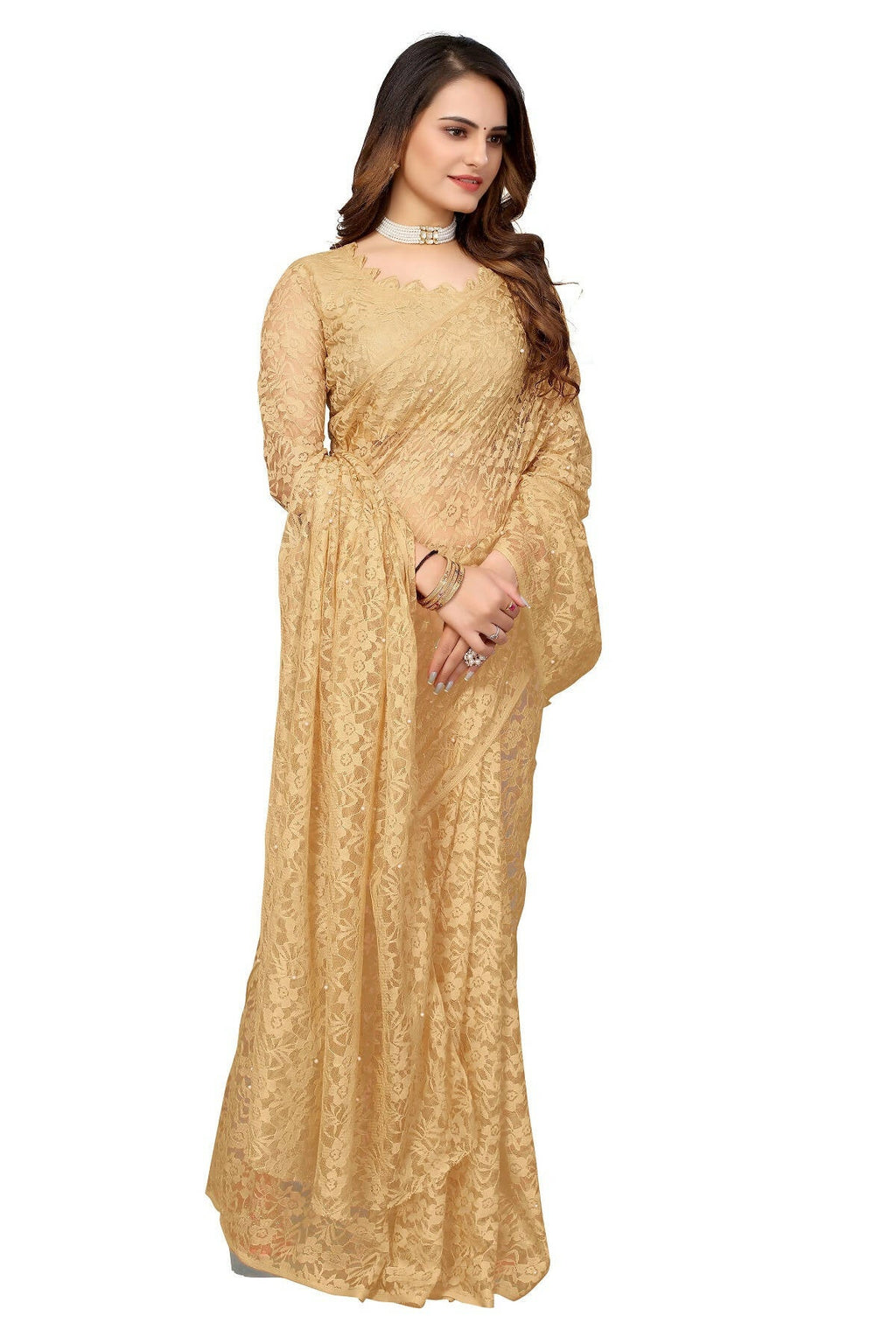 Vamika Brown Pearls Net Saree