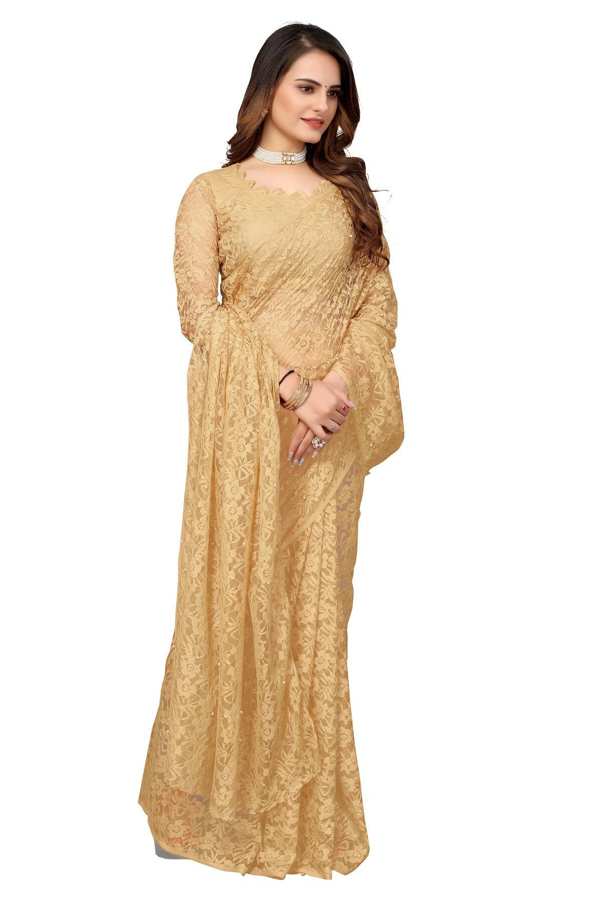 Vamika Brown Pearls Net Saree