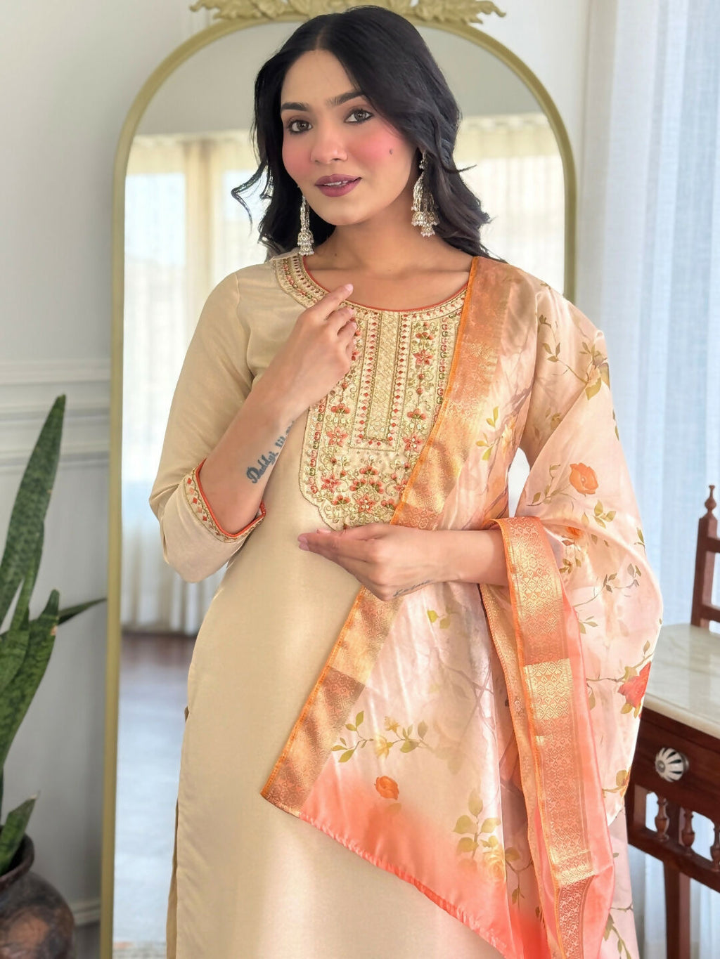 The52 Chiku Women's Beautiful Rayon Fabric Embroidered Work Straight Kurta Pant and Dupatta Set