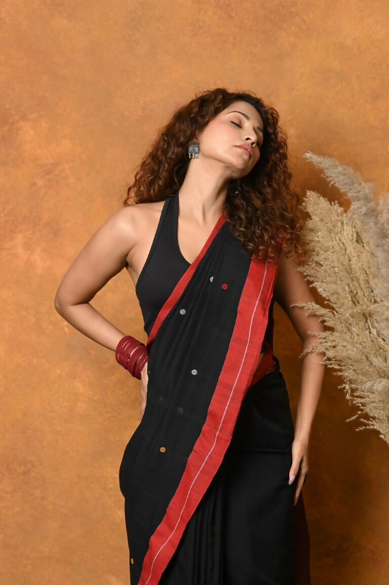 Very Much Indian Pure Cotton Handloom Saree with Buttis & Sleek Border - Black