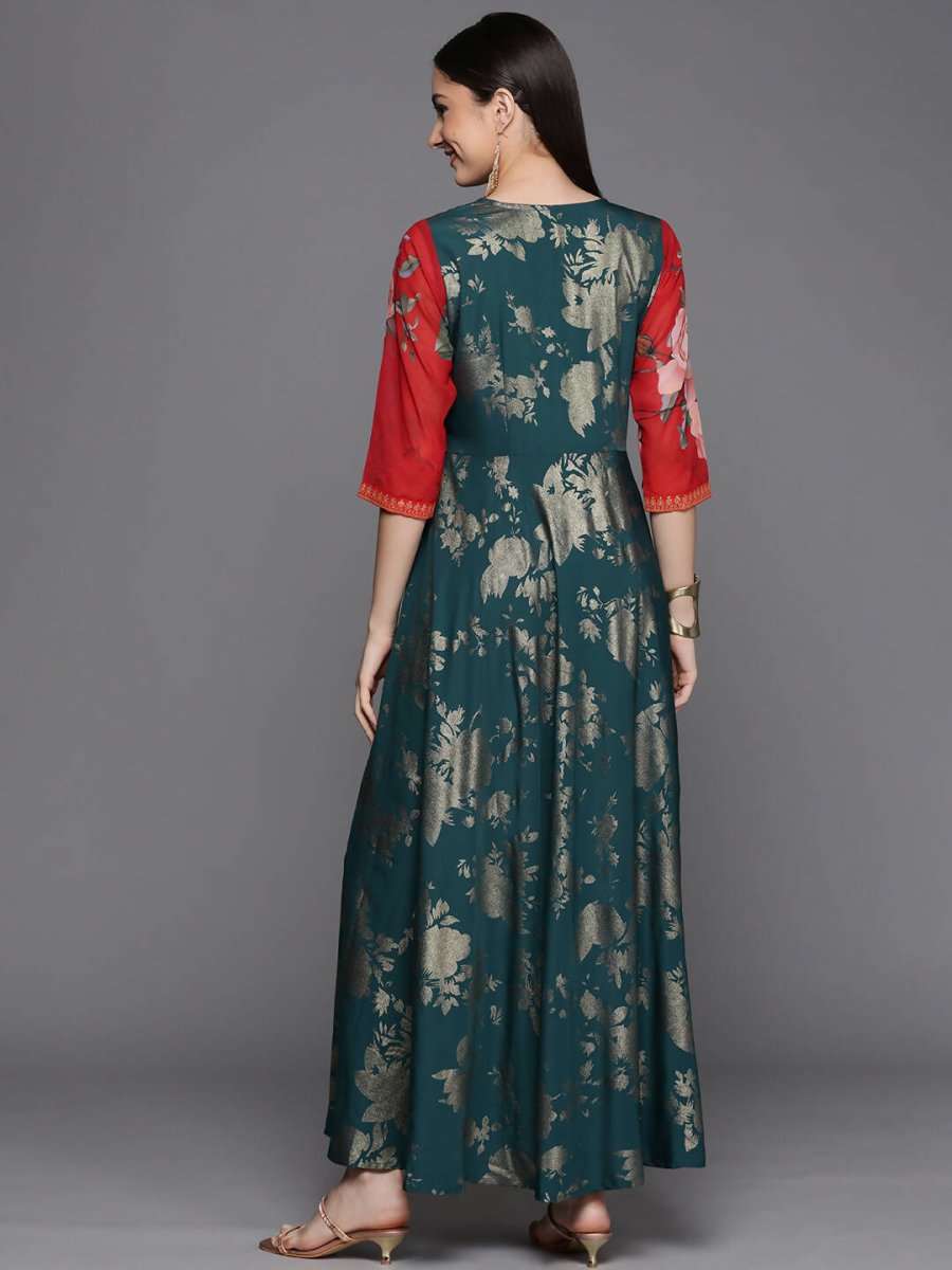 Ahalyaa Women's Green Crepe Gold Smoke Printed Dress