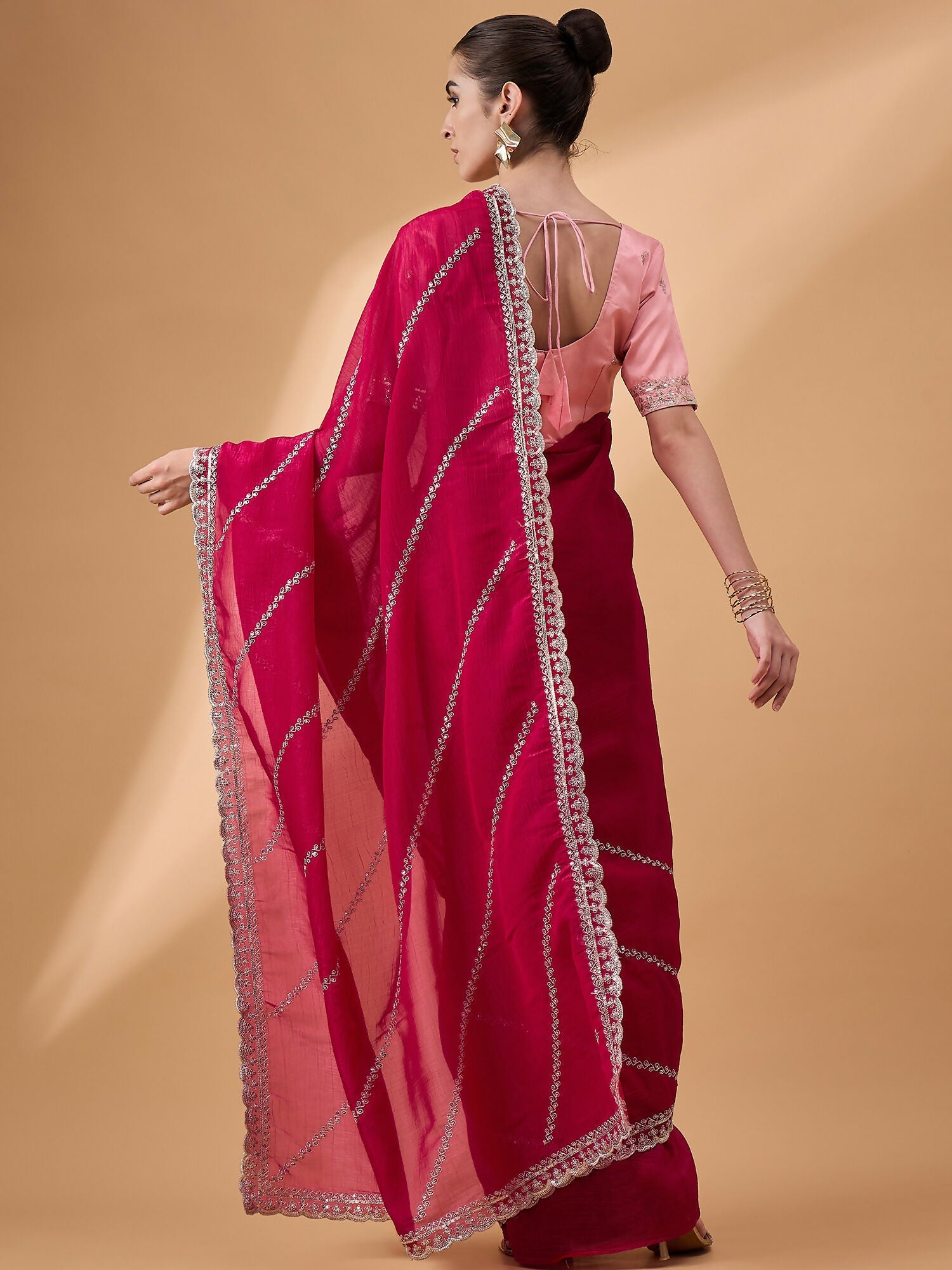 Pink Muslin Embroidered Saree with Unstitched Blouse Piece - Satya