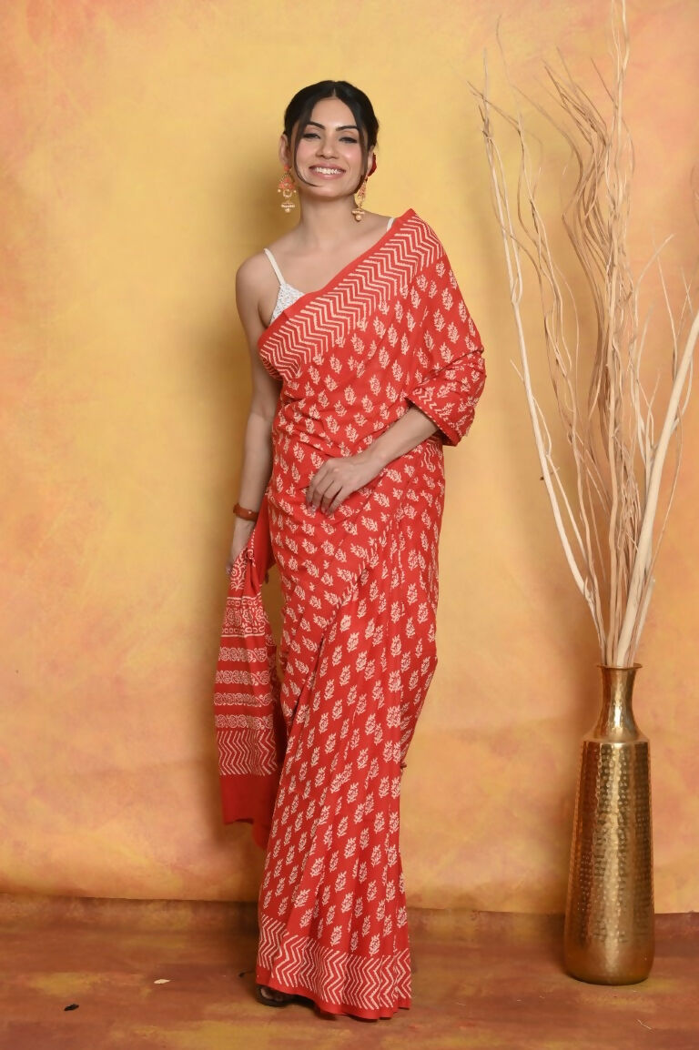 Very Much Indian Handblock Printed Cotton Saree With Natural Dyes - Orange