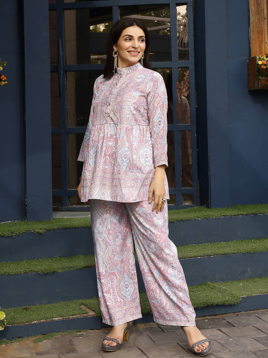 Light Pink Rayon Floral Printed Top with Matching Bottom - Eesha