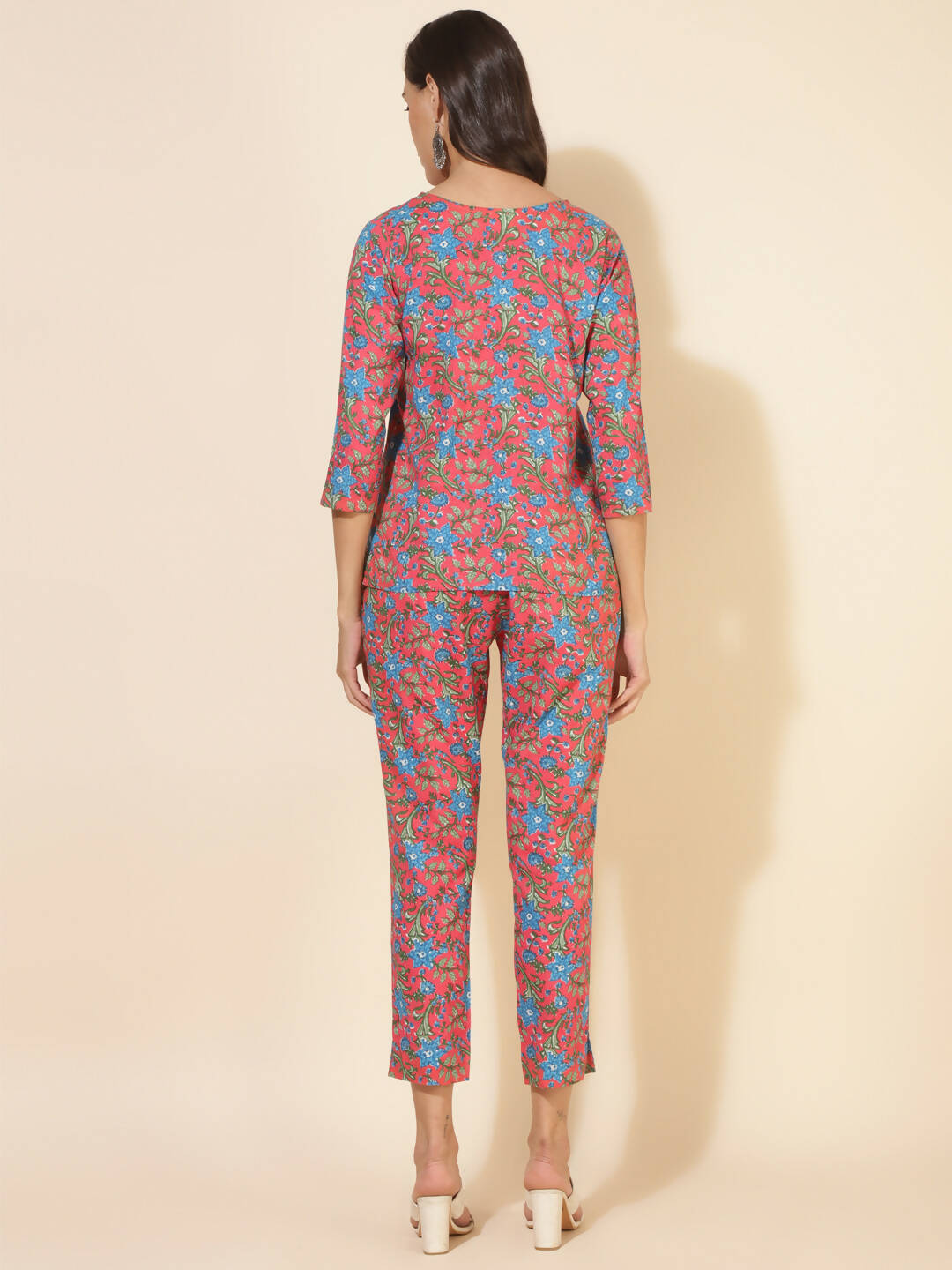 Janasya Women's Pink Cotton Floral Printed Casual Regular Co-ords