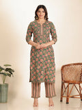 Aramya Green Kantha Cotton Floral Print Straight Kurta Set for Women