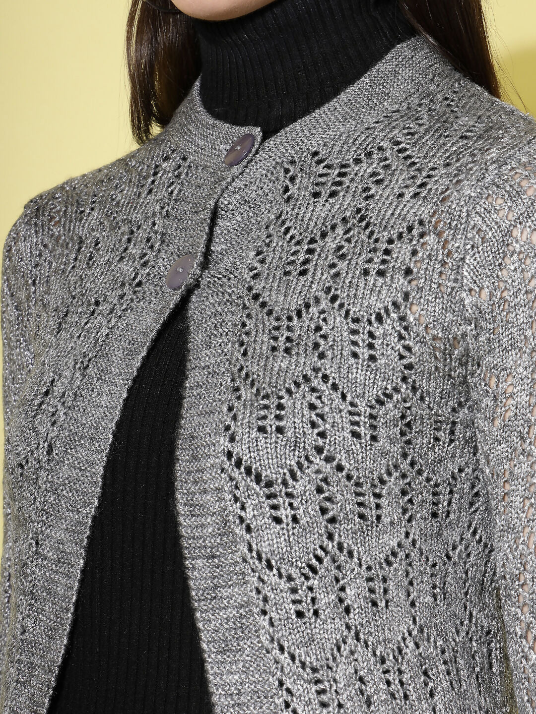 Women Self Design Long Grey Acrylic Winter Shrug - Wool Trees