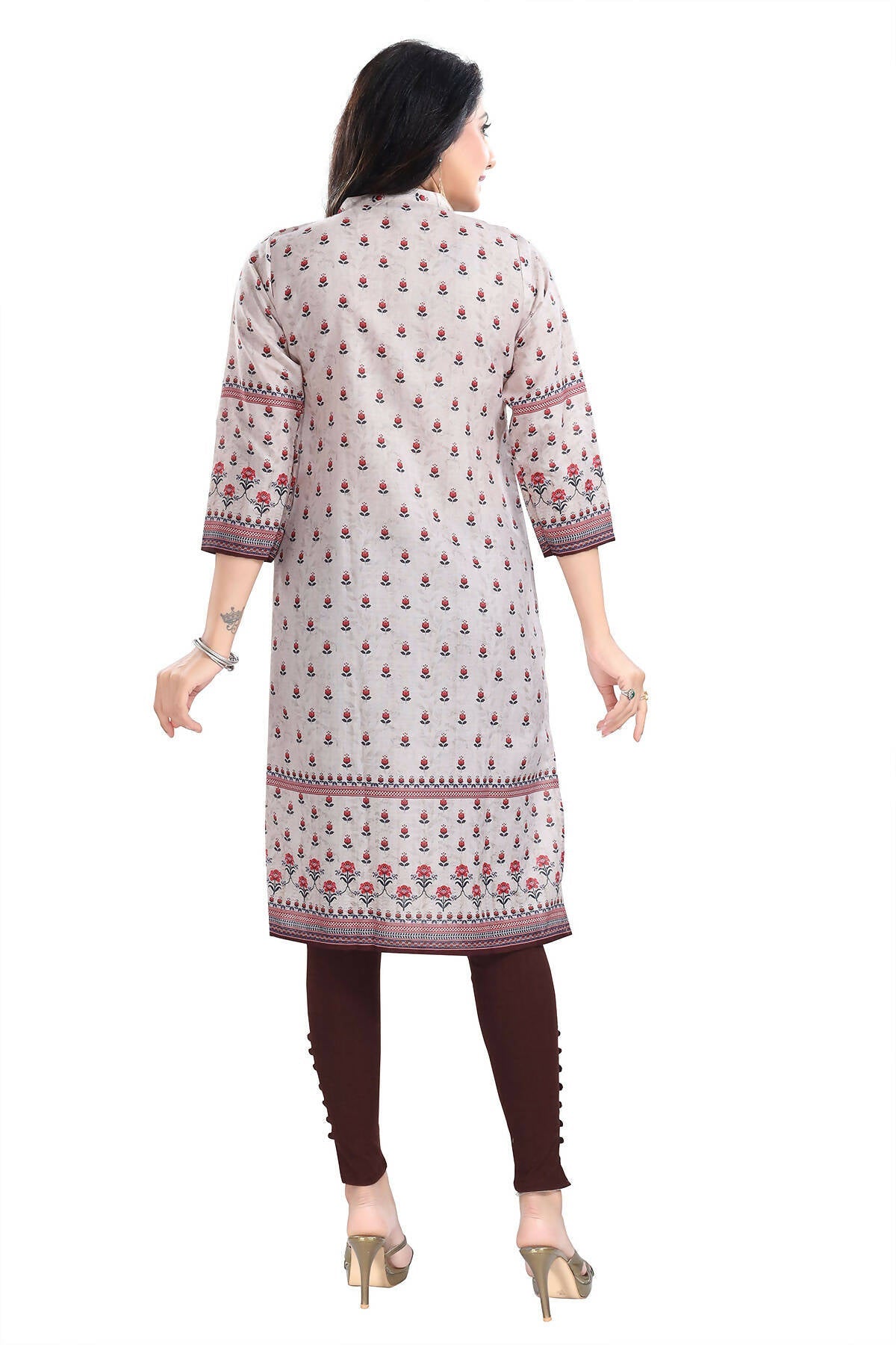 Snehal Creations Charming Cream Digital Print Cotton Slub Long Kurti Tunic