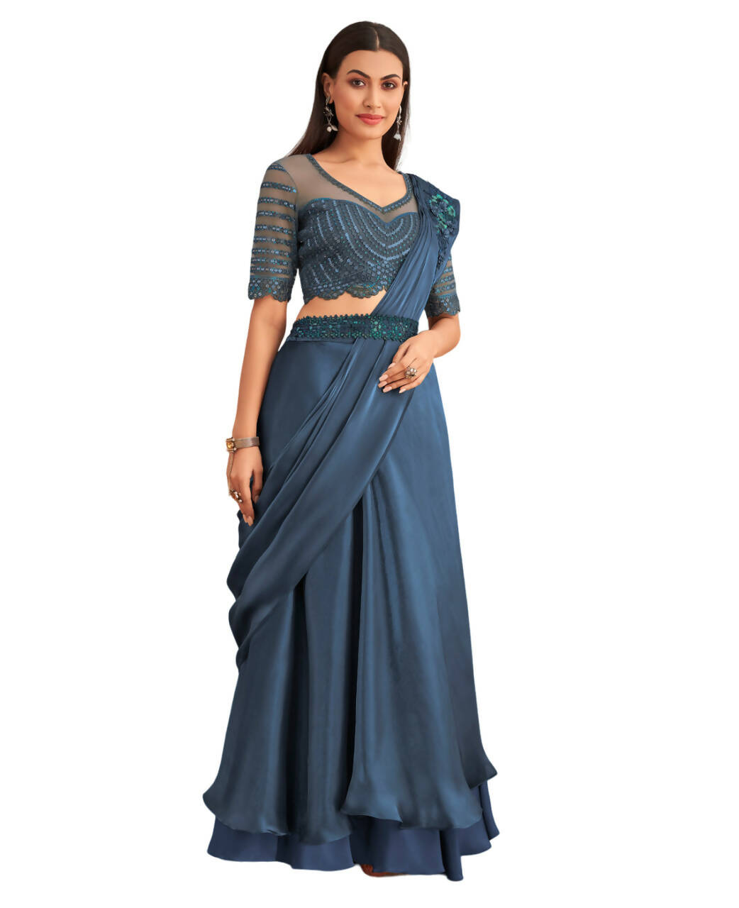 Navy Blue Satin Embroidered Ready To Wear Saree With Unstitched Blouse Piece - Nandika