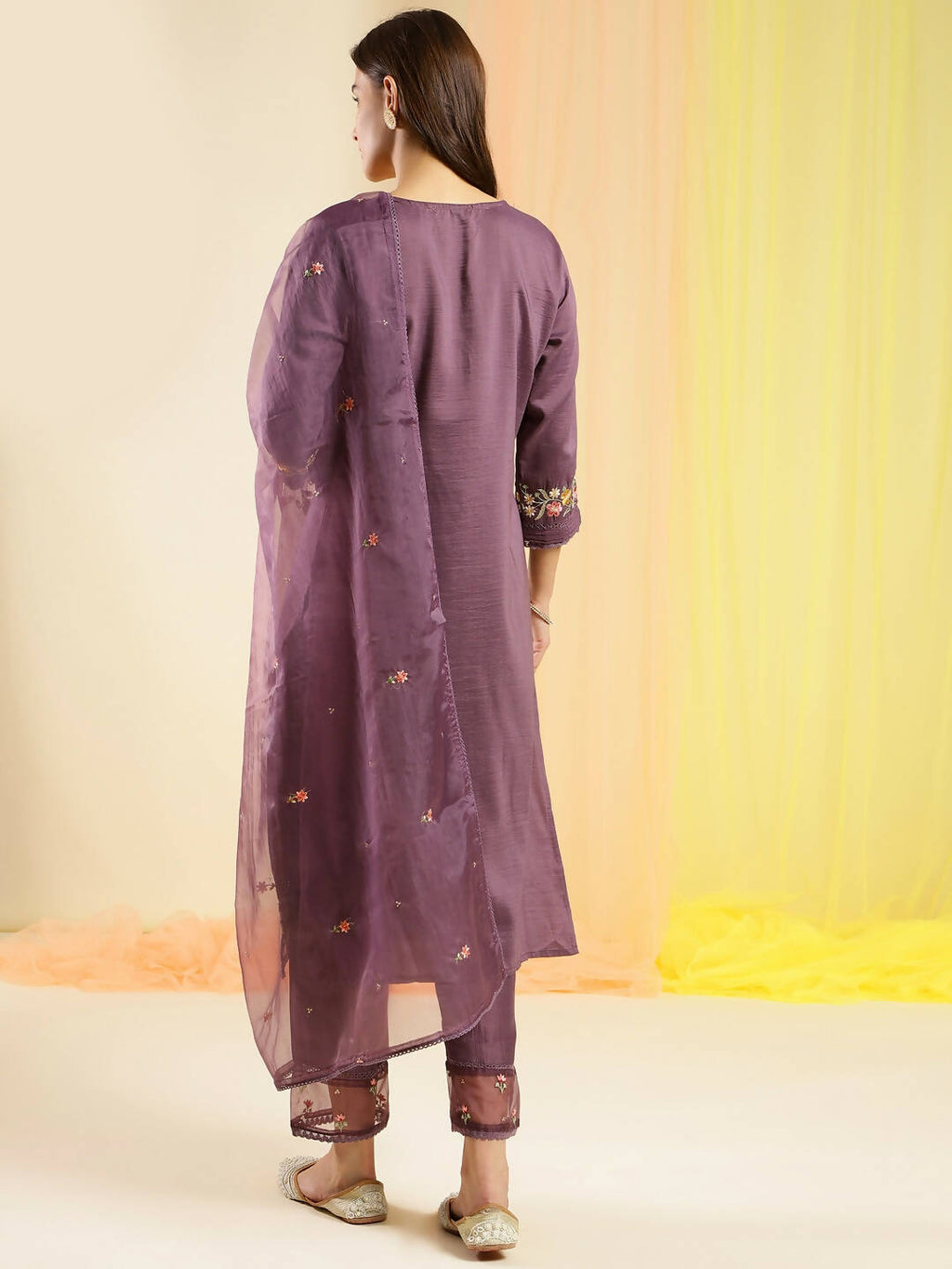Wine Chinon Embroidered Straight Kurta with Trouser & Dupatta - Salimar