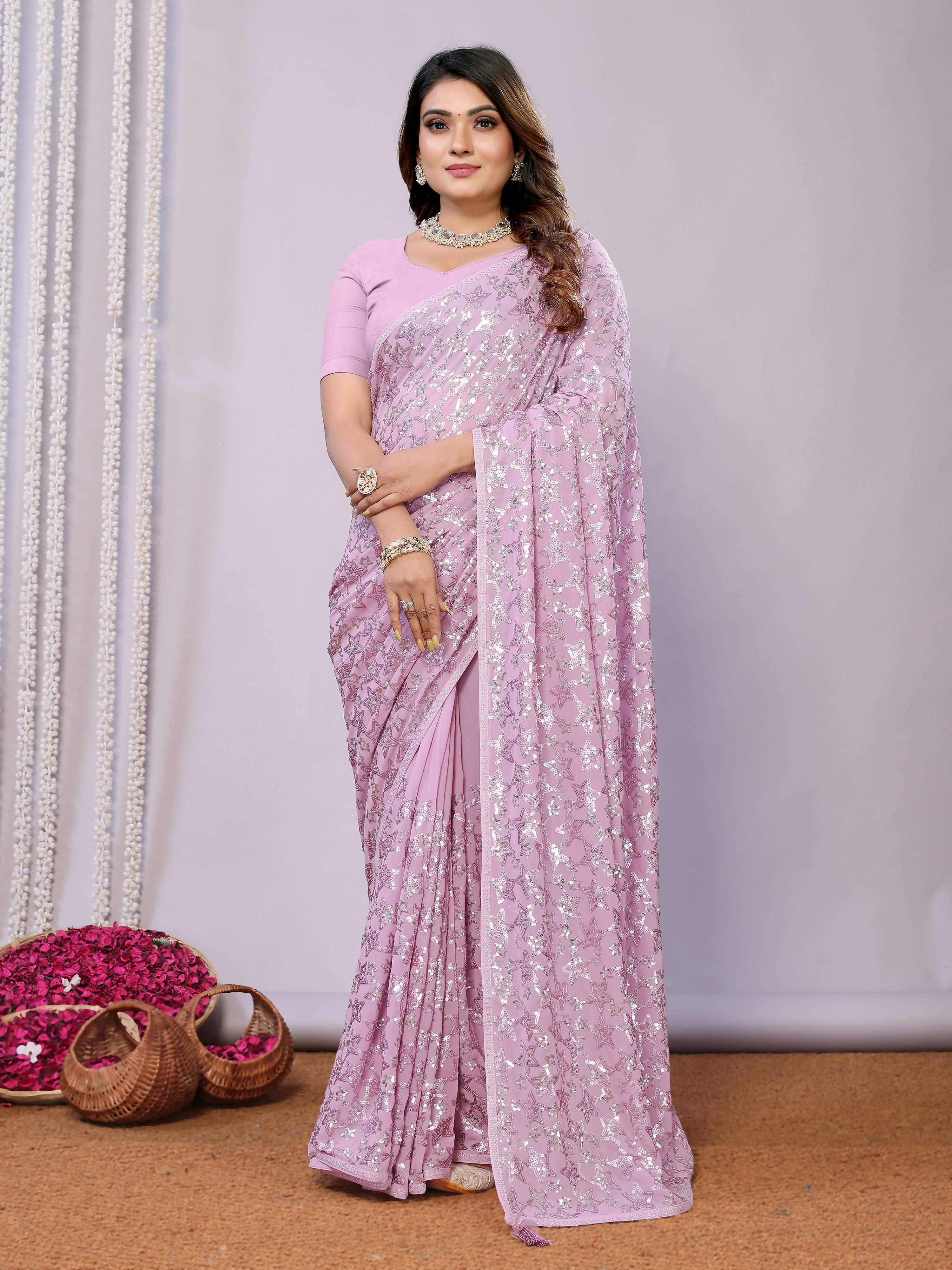 Pink Pure Georgette Embroidered Saree With Stitched Blouse - Nimaya Kaksha