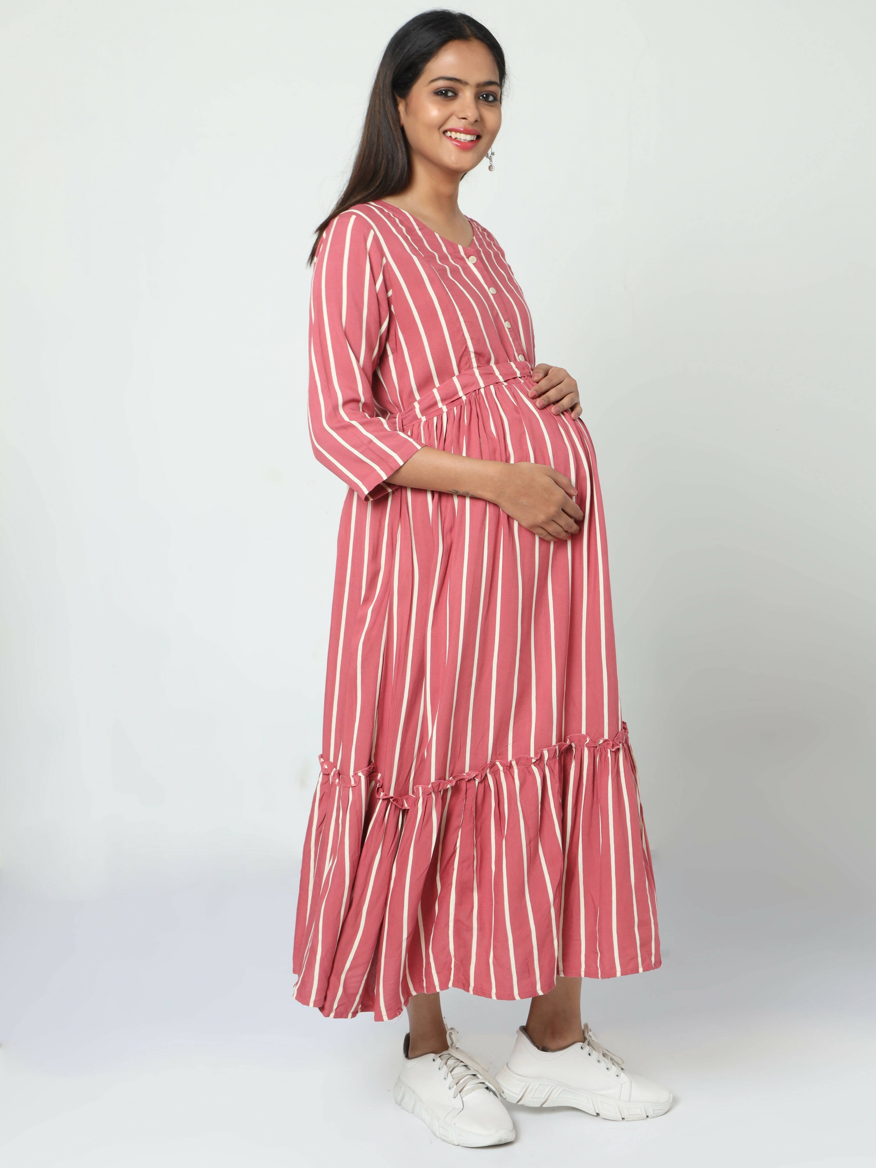 Manet Three Fourth Maternity Dress Striped With Concealed Zipper Nursing Access - Pink