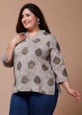 Miravan Women's Plus Size Floral Printed Beige Pure Cotton Kurti