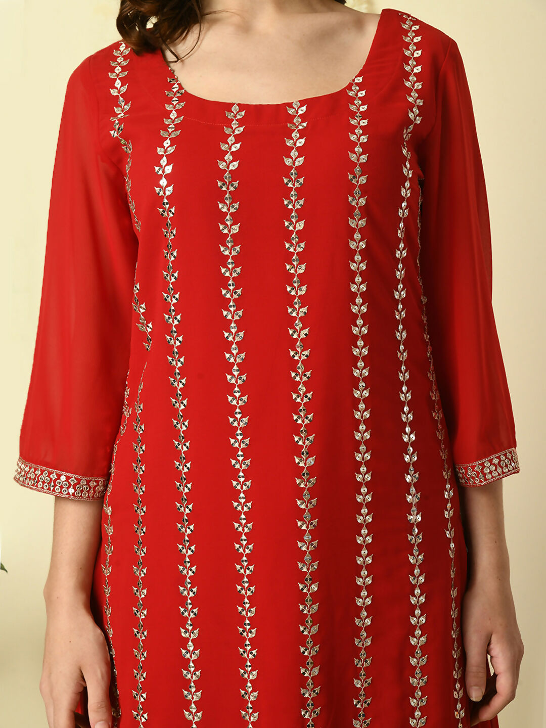 Myshka Women's Red Georgette Kurta & Skirt With Dupatta Party Sets