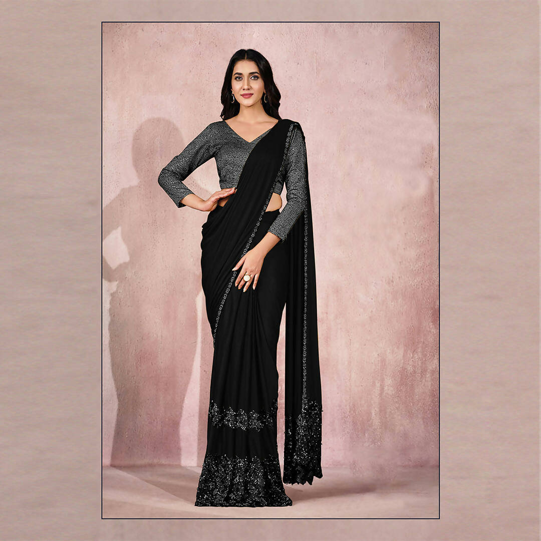 Black Lycra Embroidery Designer Saree With Blouse - Mohmanthan Sitaarah