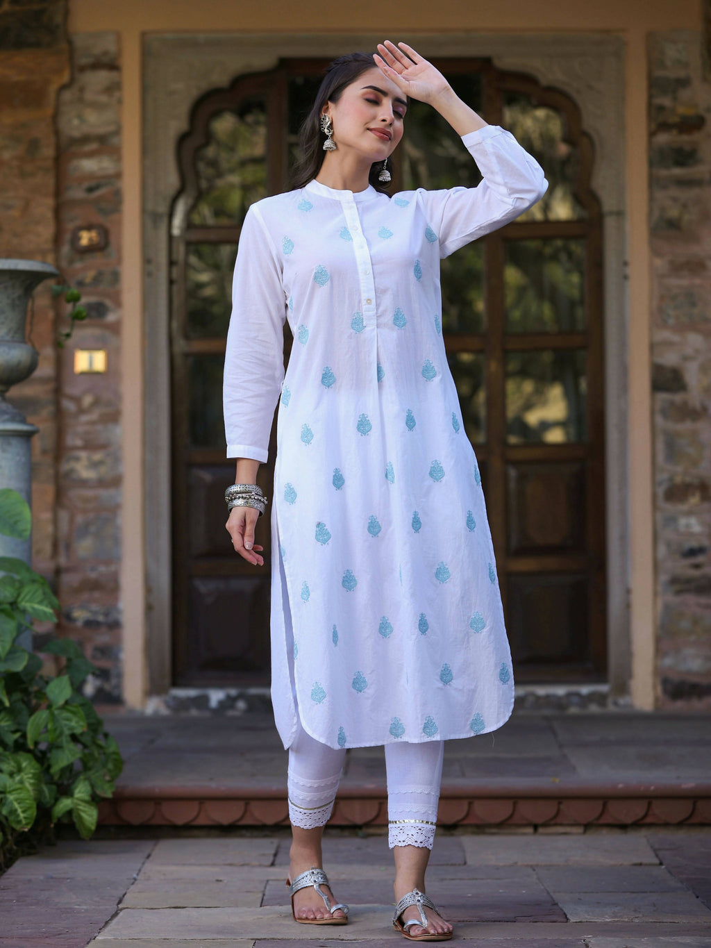 Juniper Women's White Cambric Printed Straight Kurta