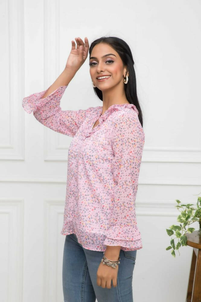 Myshka Women Pink Floral V-Neck Regular Sleeves Synthetic Georgette Top