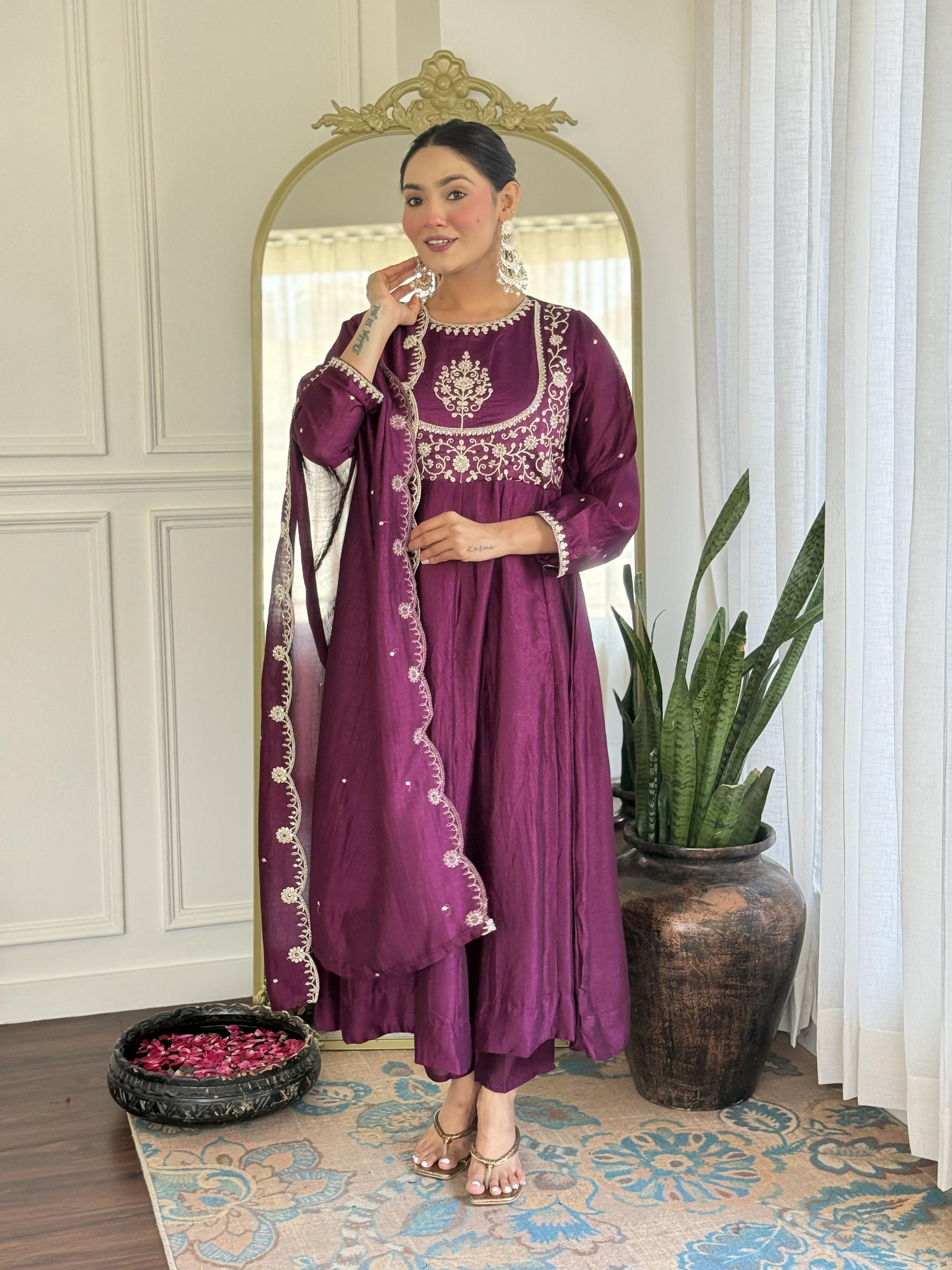 The52 Purple Women's Gorgeous Embroidered Vichitra Silk Fabric Flared Kurta Pant with Dupatta Set