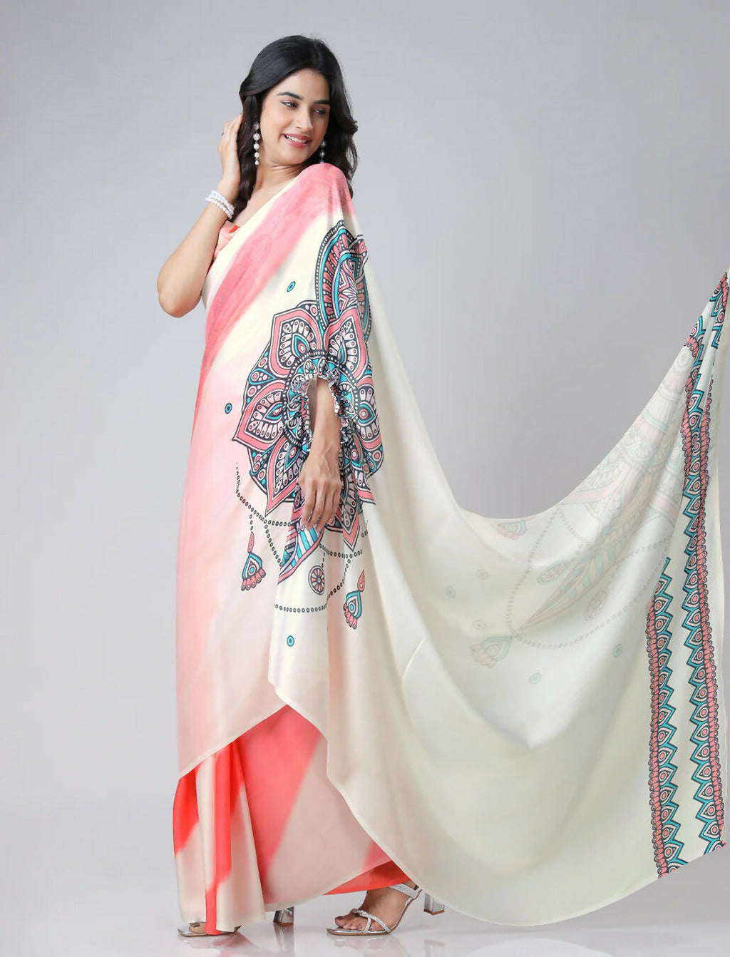 Vastranavya Coral Off White Freehand Mandalaa Print Ready to Wear Saree