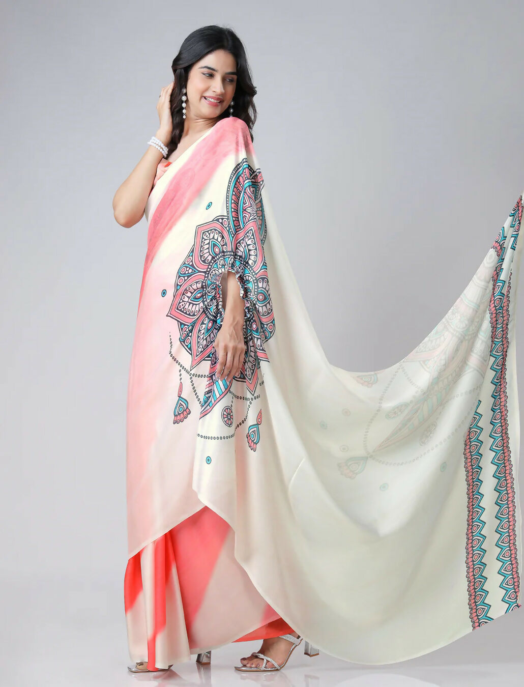 Vastranavya Coral Off White Freehand Mandalaa Print Ready to Wear Saree