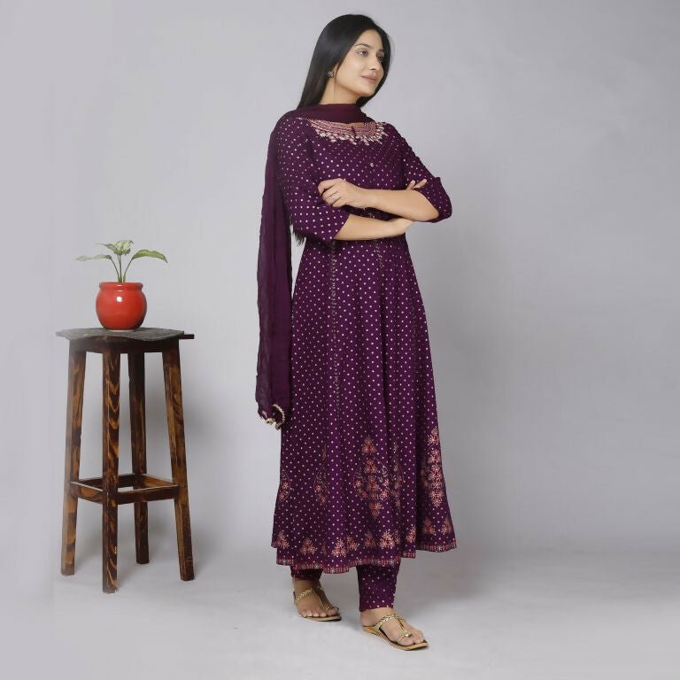 Alvano Women' Stylish Anarkali Kurta with Pant and Dupatta for Women and Girls Rayon (Wine)