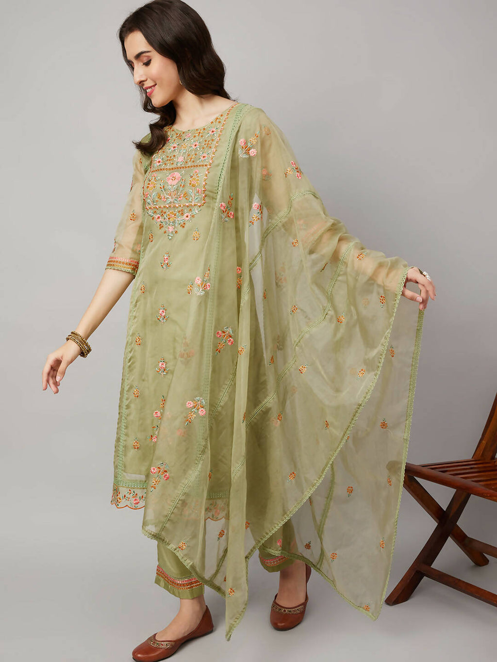 Green Organza Embroidered Kurta with Bottom & Dupatta - Salimar