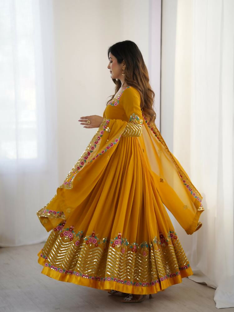Joban Fashion Mustard Georgette Sequence Embroidery Work Readymade Kurta Set