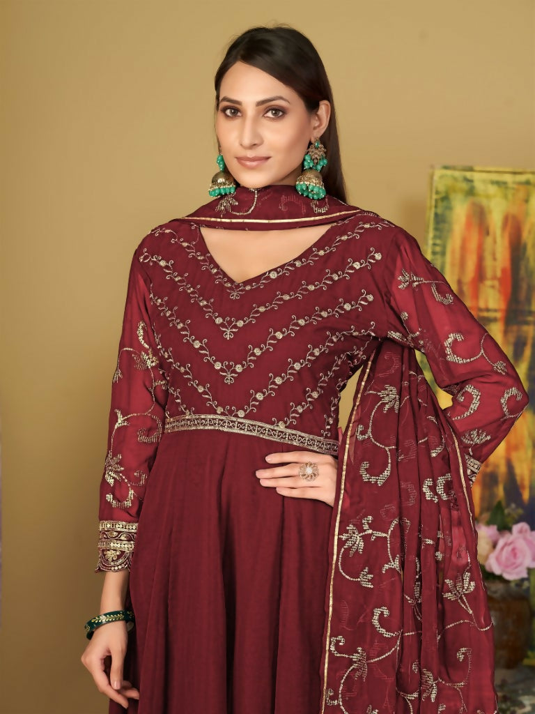 Jyoti Fashion Women's Maroon Georgette Embroidered Anarkali Kurta Pant Set With Dupatta