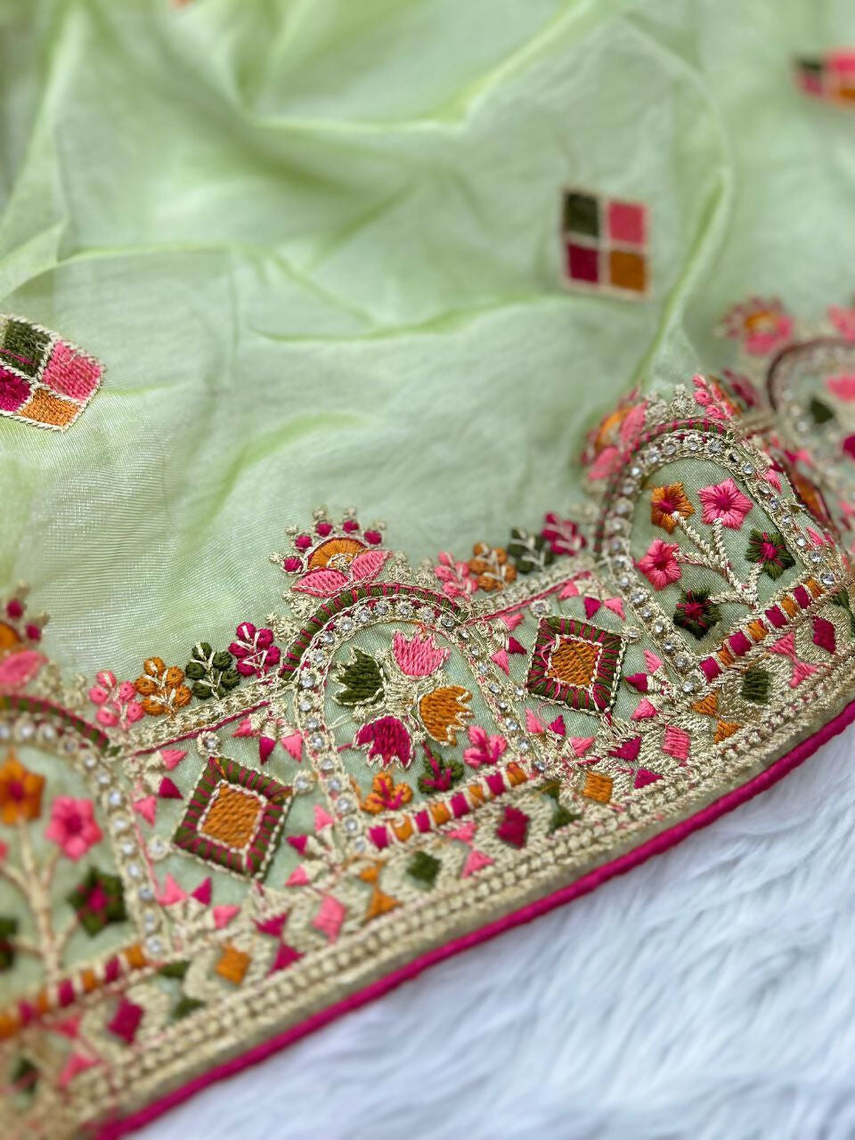 Vastranavya Twill Net Designer Embroidery & Colour Thread & Diamond work Saree with Blouse Material - Mint Green