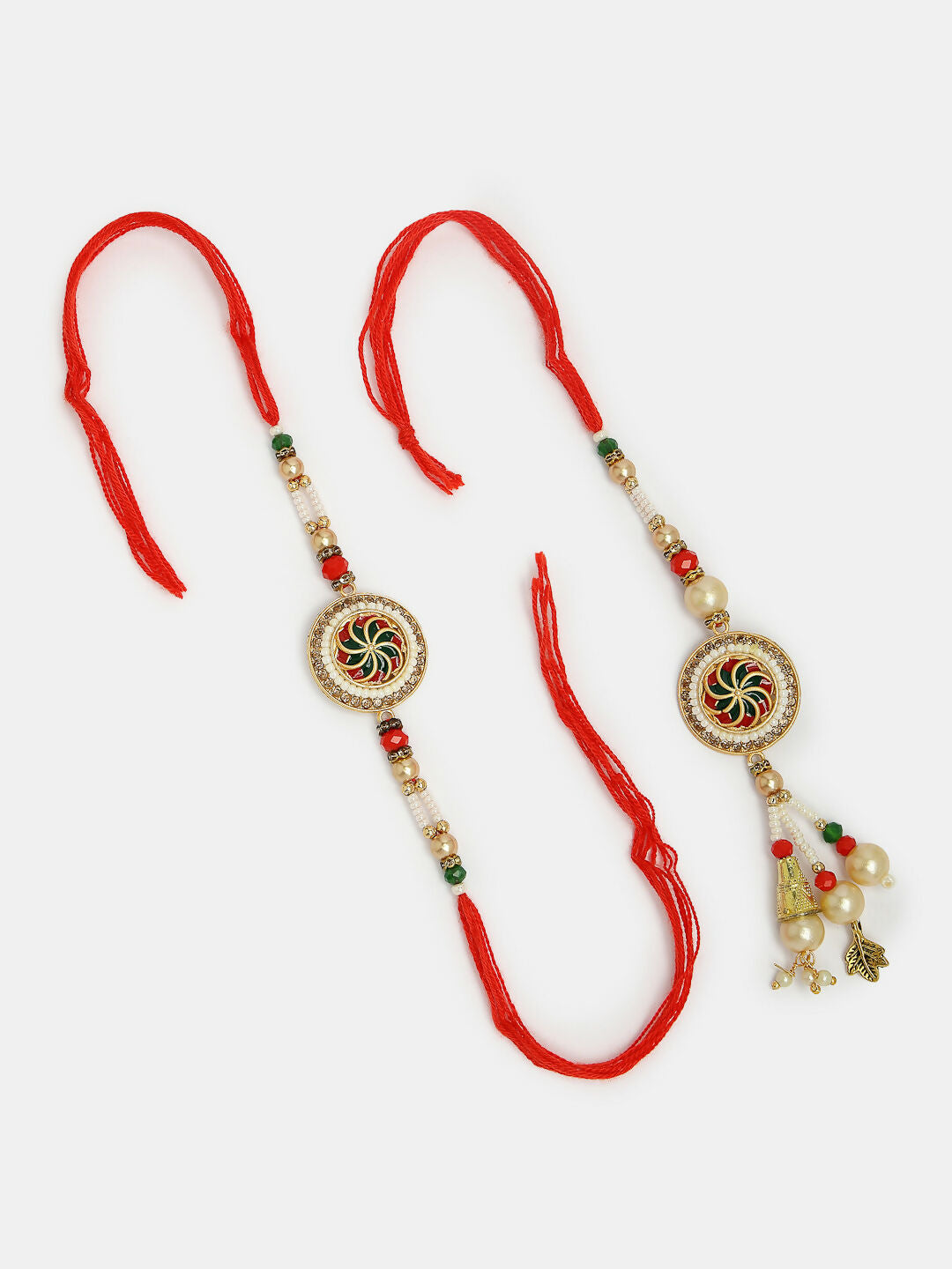 NVR Women & Men Set of 2 Gold-Toned Stone-Studded & Beaded Bhaiya Bhabi Rakhi With Roli Chawal