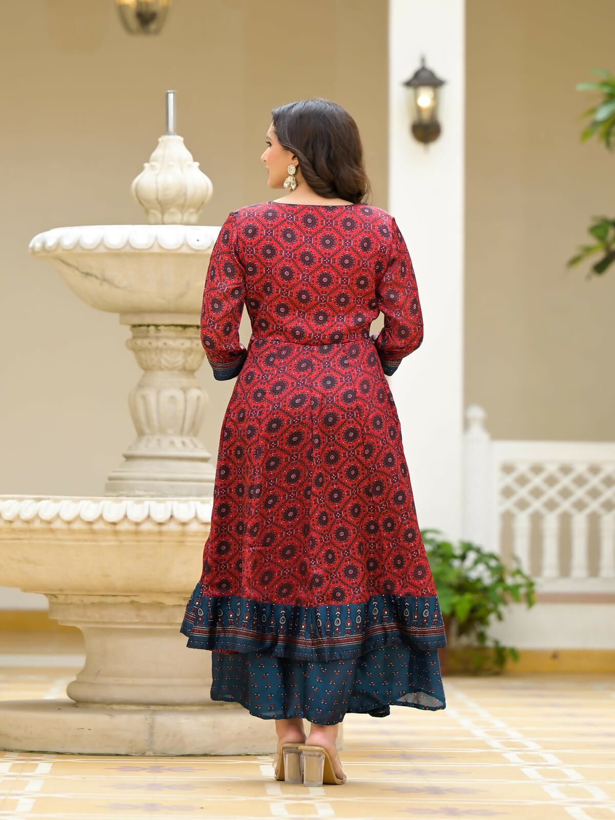 Juniper Women's Red Ethnic Motif Printed Cotton Maxi Dress With Button