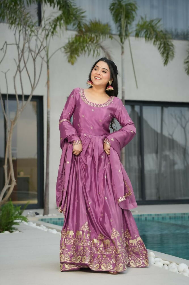 Vastranavya Lavender Chinnon with Embroidery Zari Sequins Work Gown