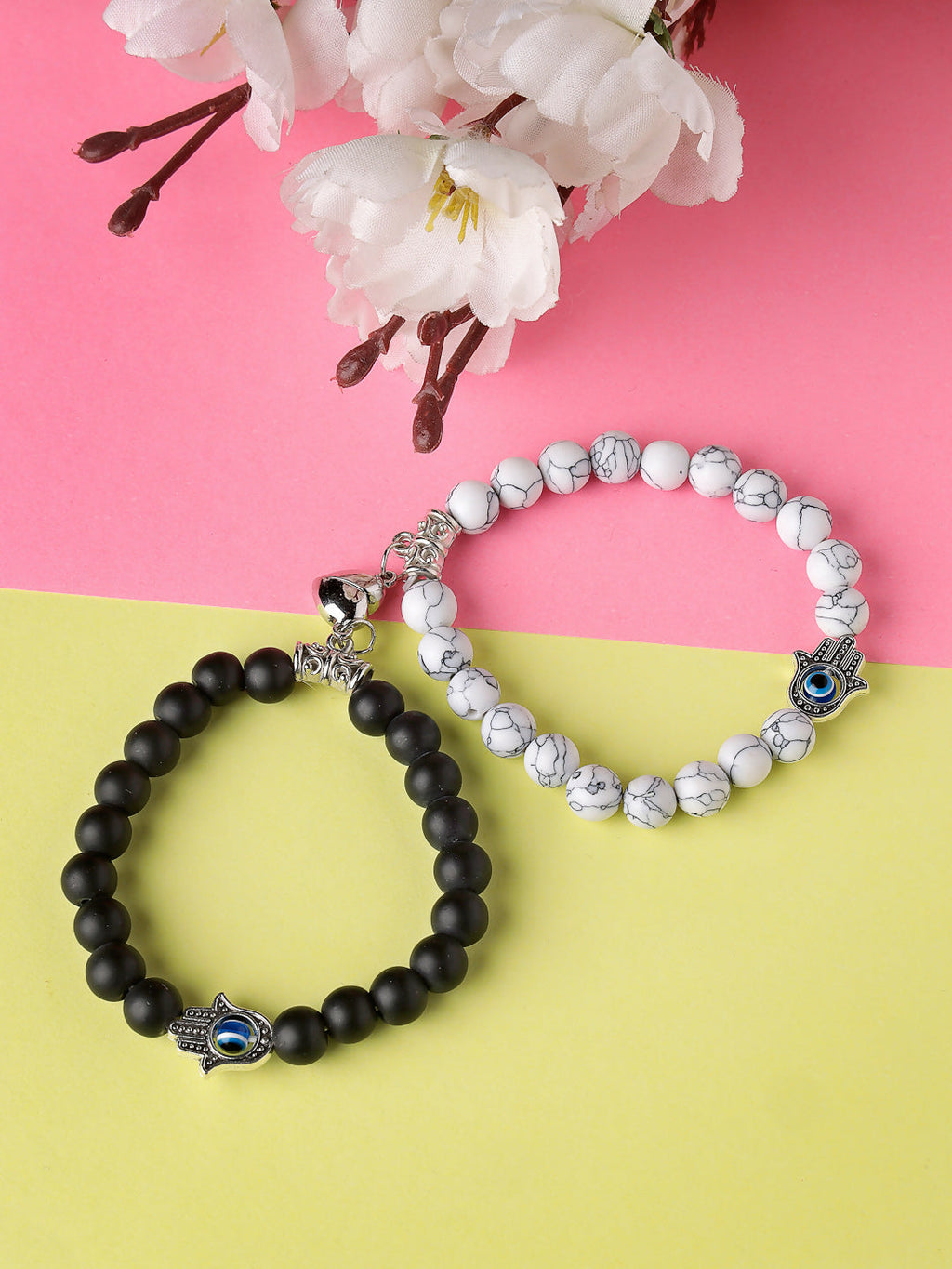 NVR Men & Women Set of 2 Black & White Marbel Crystal Bracelet