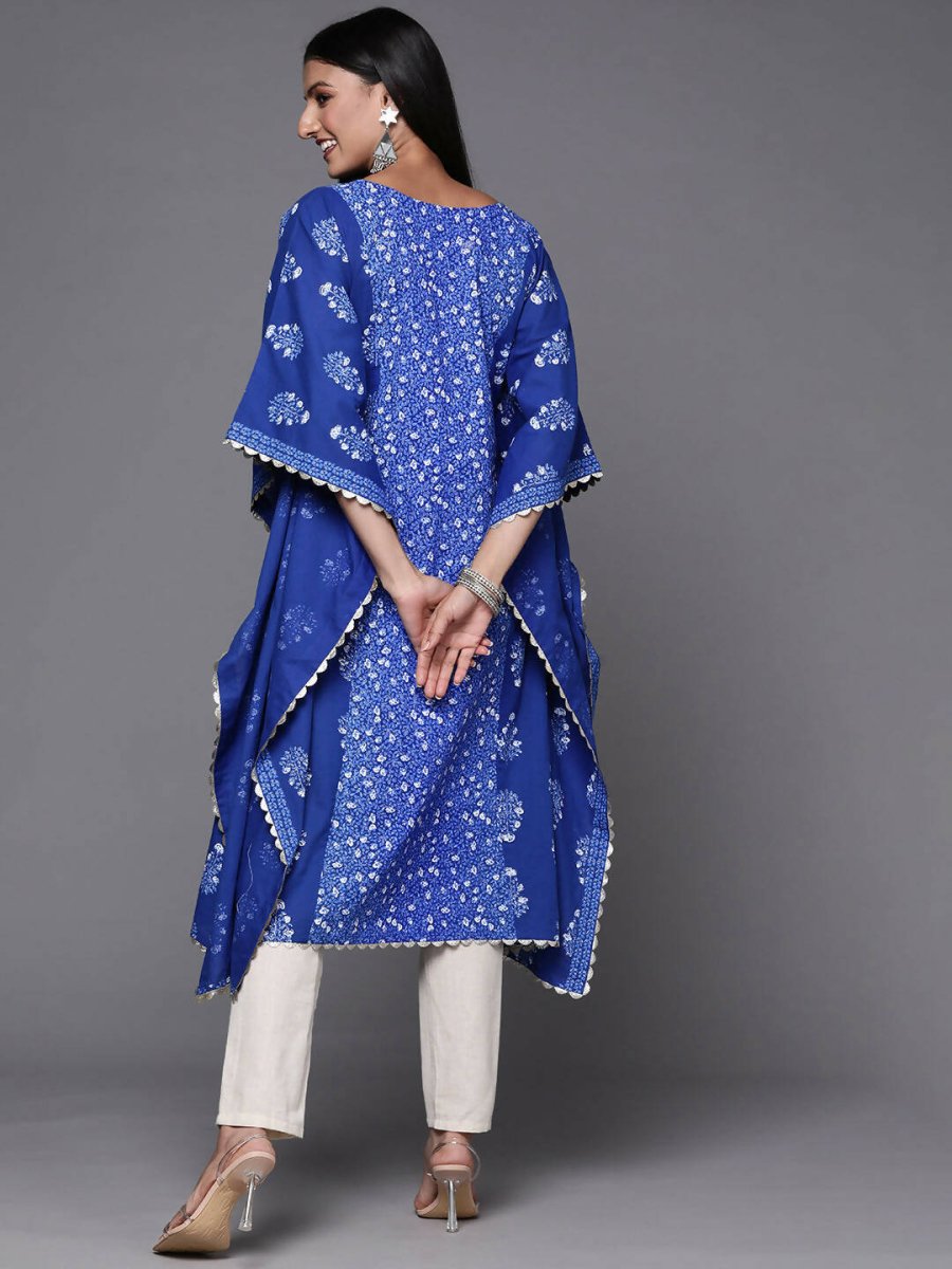 Ahalyaa Blue & White Floral Print Floral Kaftan Kurta