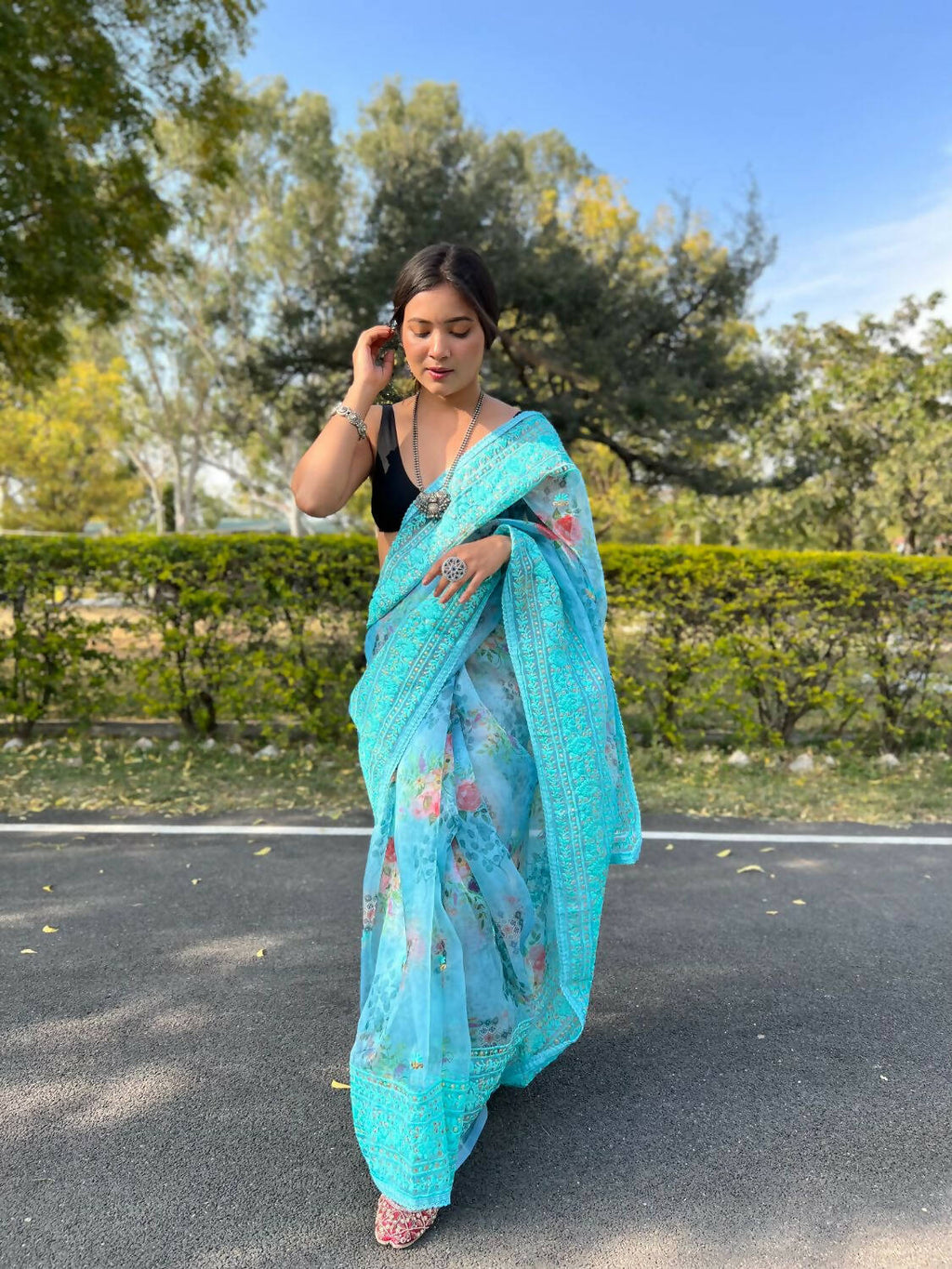 Vamsee Sky Blue Organza Saree