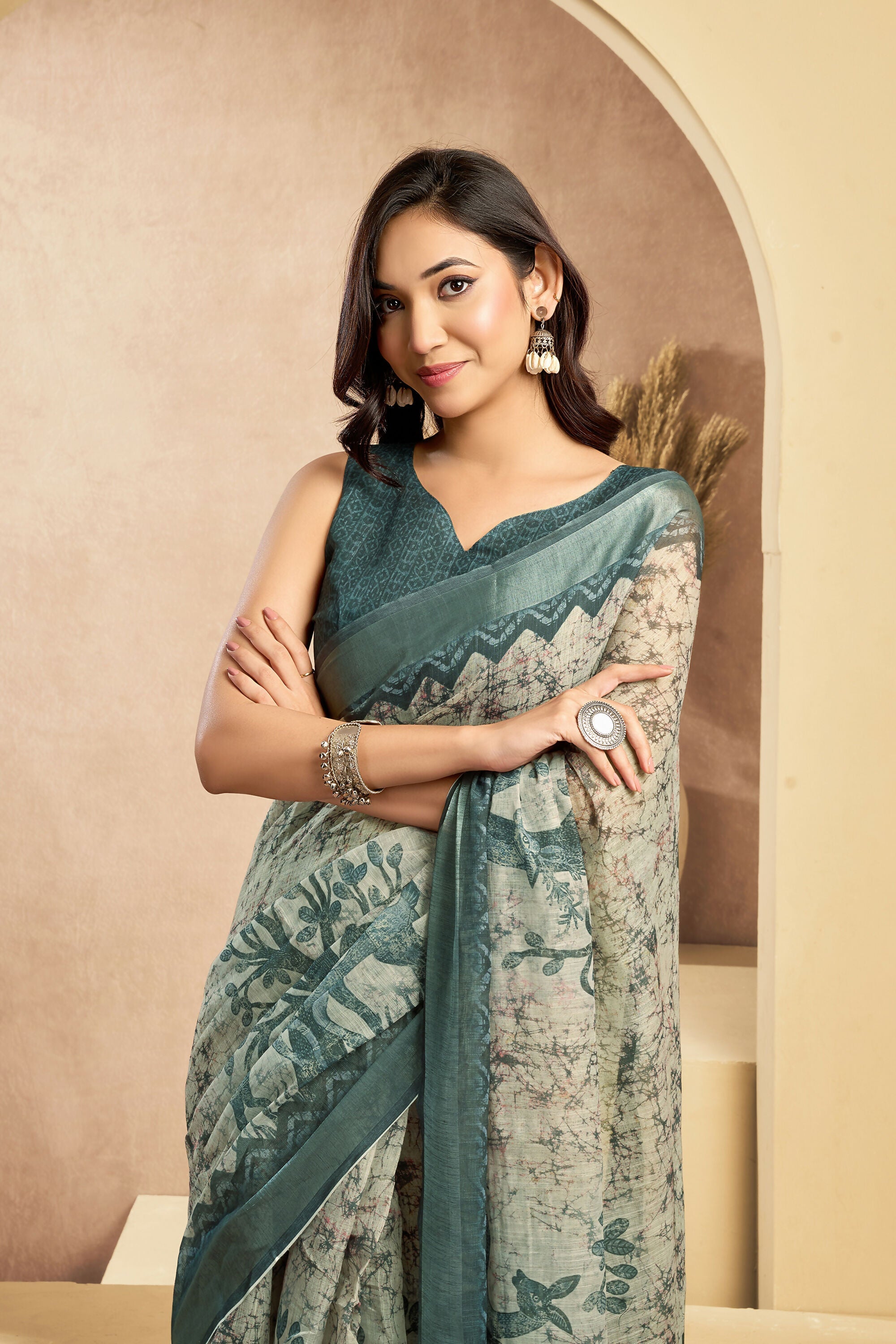 Vastranavya Digital Printed Linen Ready To Wear Designer Saree with Unstitched Blouse