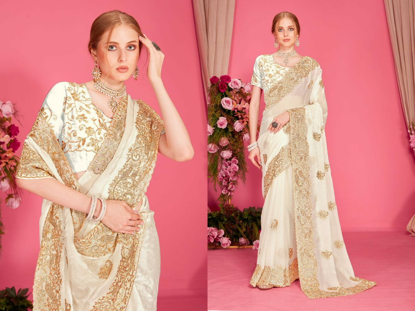 PR Fashion White Fendi Two Tone Silk Heavy Zari Embroidery Work With Heavy Zircon Work Saree