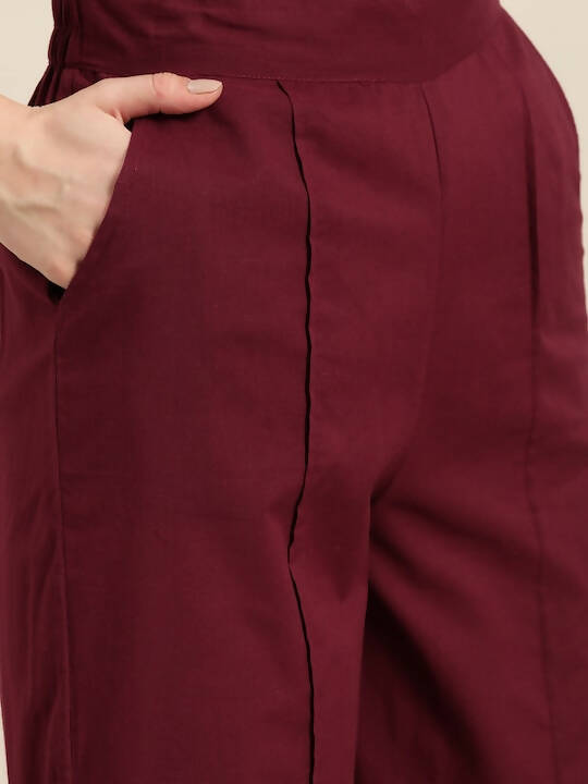 Women Maroon & Golden Pure Cotton Printed Kurta with Palazzos - Vishwa