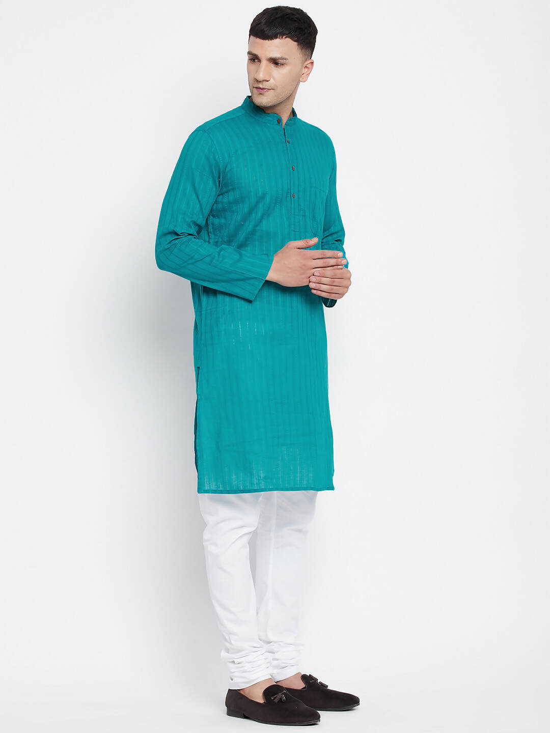 Even Apparels Green Pure Cotton Men's Kurta With Band Collar