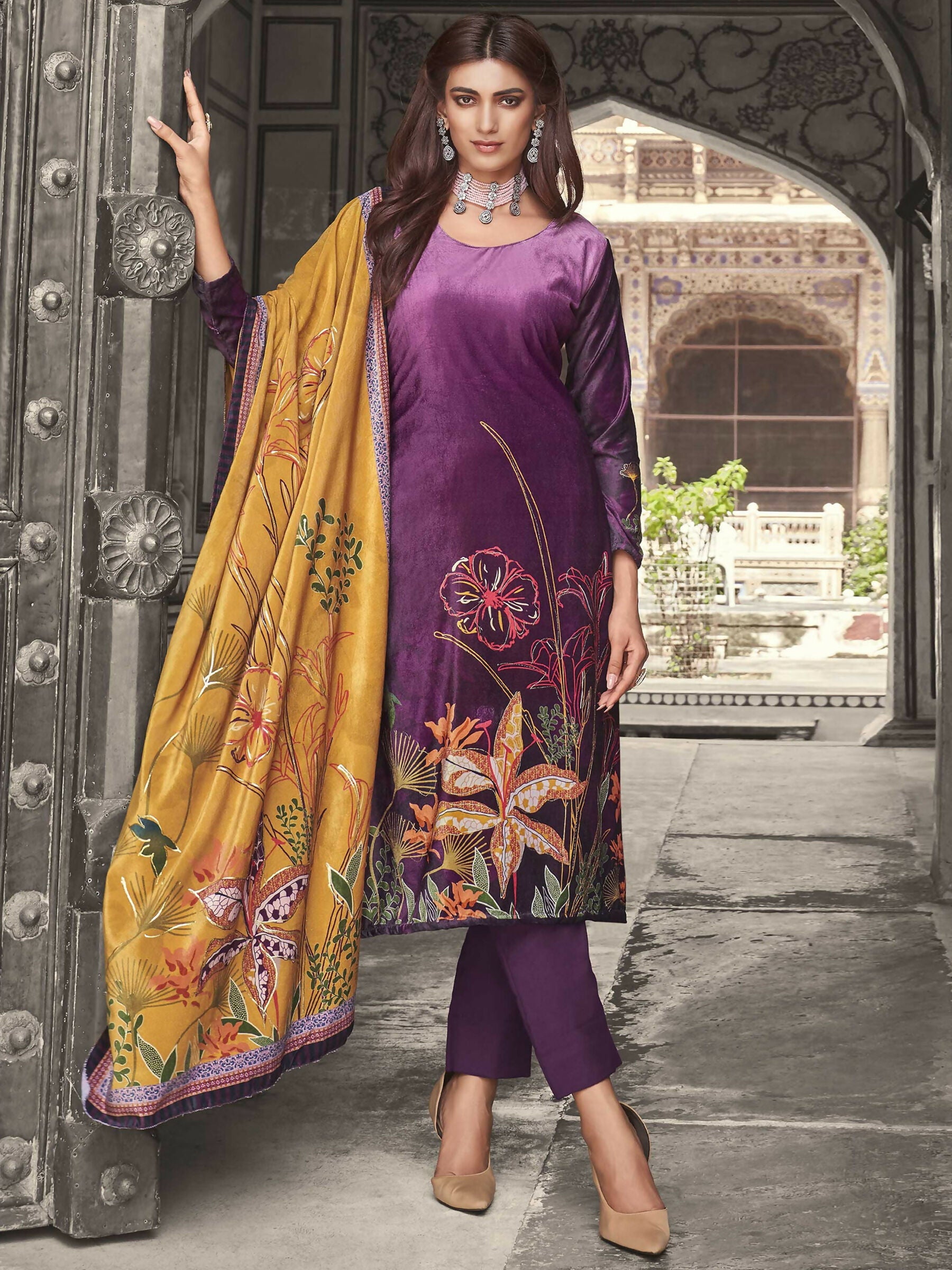Jyoti Fashion Women's Purple Velvet Floral Digital Printed Kurta with Trouser & Dupatta