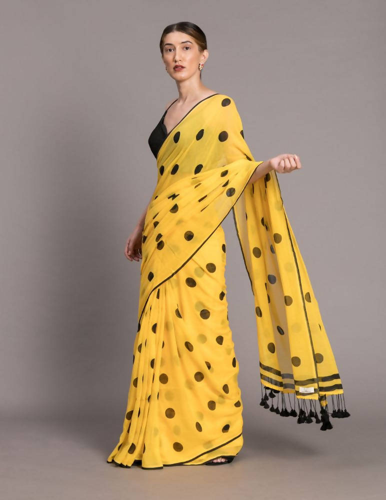 Suta Yellow and Black Polka Printed Pure Cotton Saree