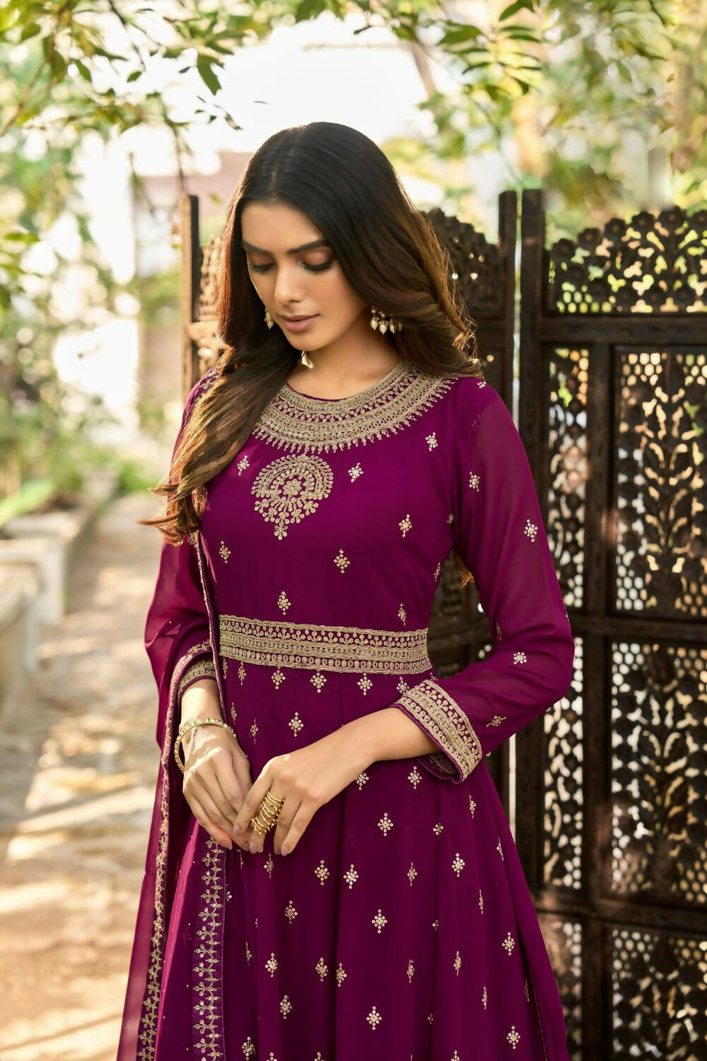 Wine Heavy Faux Georgette Anarkali Embroidered Kurta Set - Dhvani