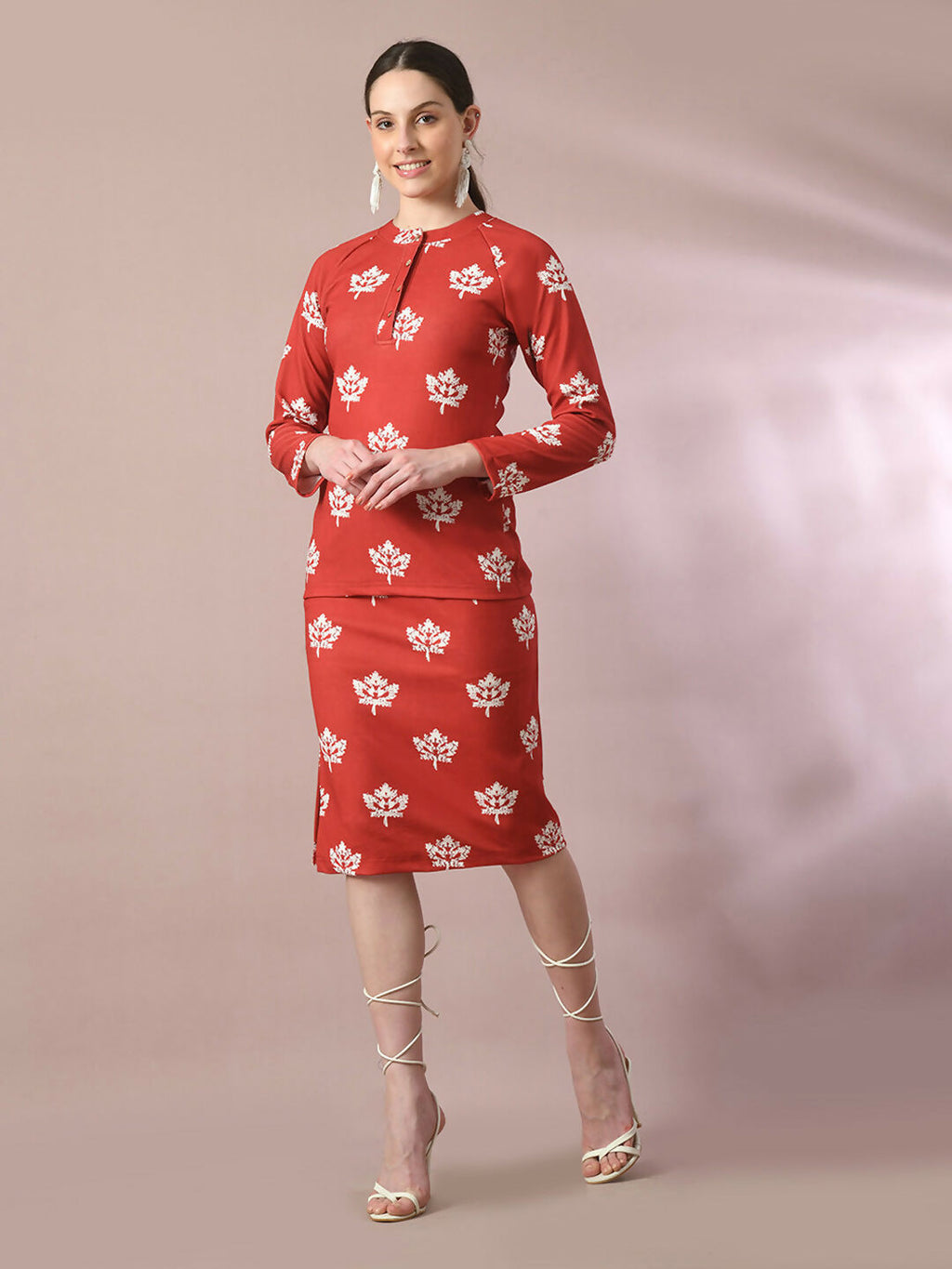 Myshka Women's Rust Printed Round Neck Party Top With Skirt Co-ord set