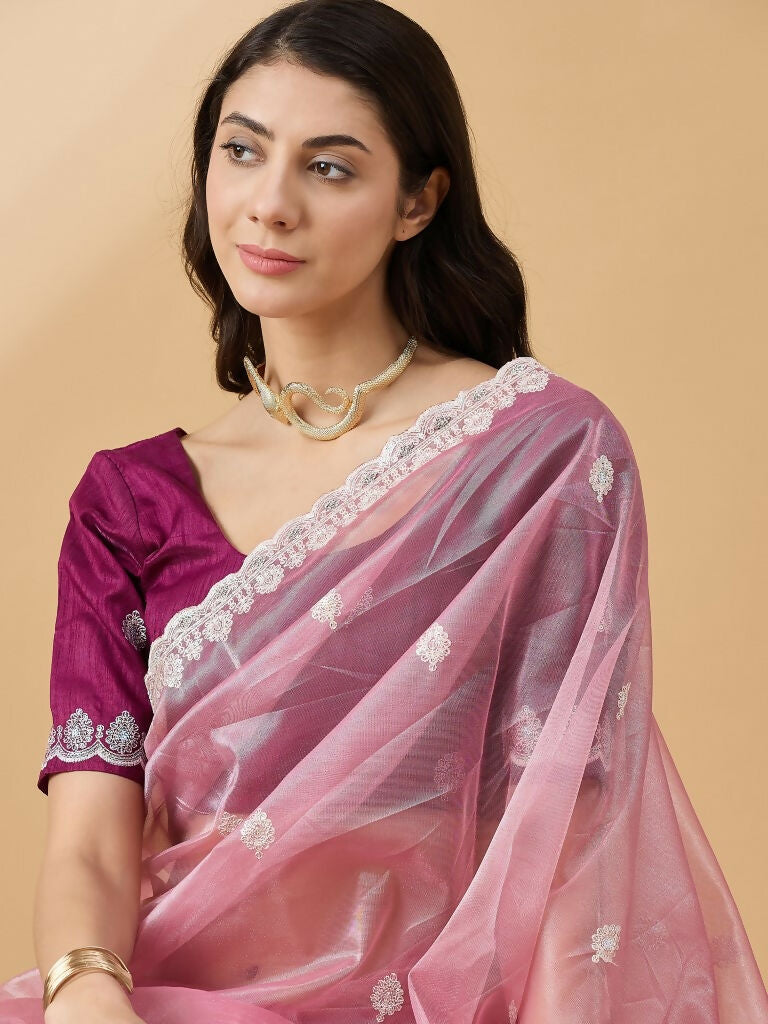Pink Organza Sequence Embroidered Saree with Unstitched Blouse - Satya